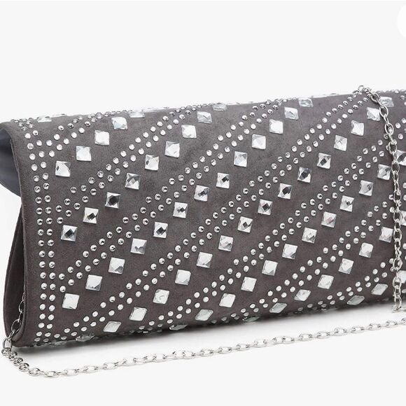 Gray Velvet Studded Clutch / Shoulder Bag - Picture 5 of 10